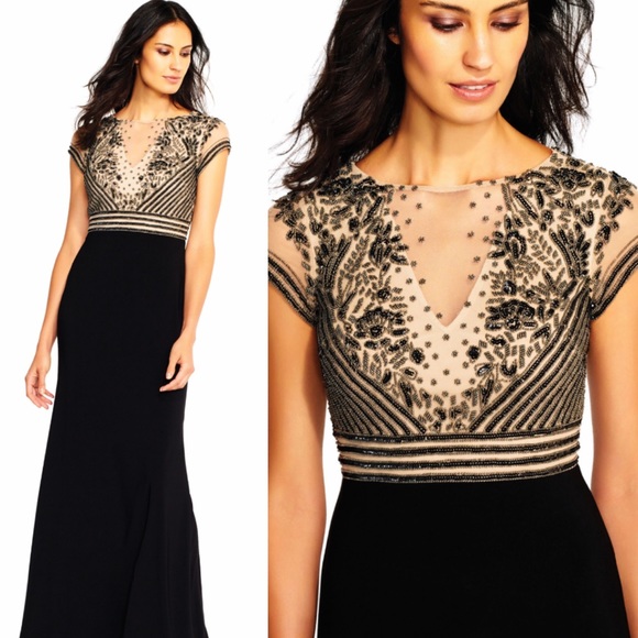 Adrianna Papell embellished, mermaid  illusion V-neck long gown - Picture 4 of 12